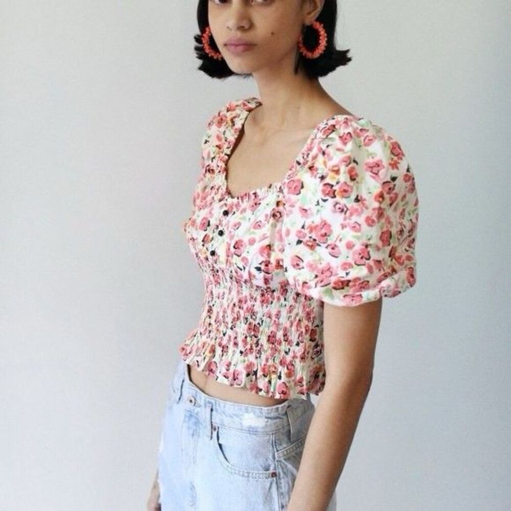 ZARA Floral Smocked Blouse Medium Puff Sleeve Button Front Spring Top EUC